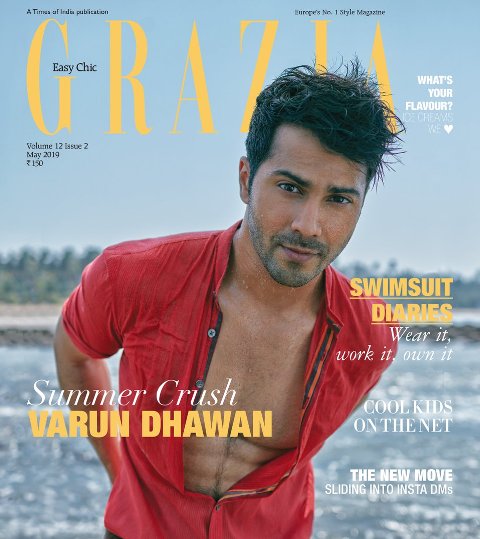 Varun Dhawan on 'Grazia' magazine cover, captioned image "Life's a beach" at Instagram