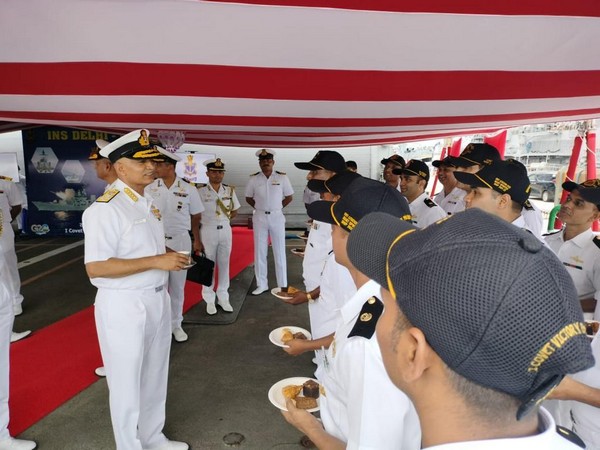 Navy chief Admiral R Hari Kumar interacts with INS Delhi and INS Satpura crew in Singapore