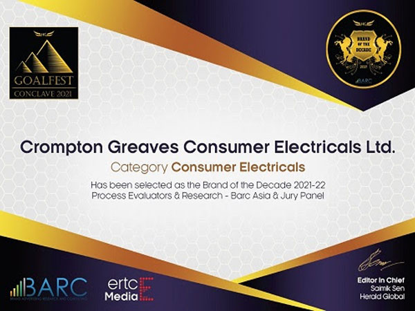 Crompton wins the prestigious "Brand of the Decade" award by Herald Global and BARC Asia
