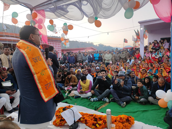 Uttarakhand CM Dhami interacts with villagers during Gaon Chalo campaign in Champawat