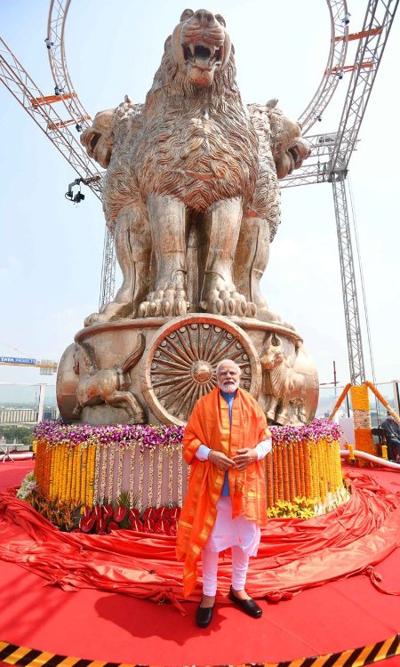 PM Modi unveils national emblem on Parliament building