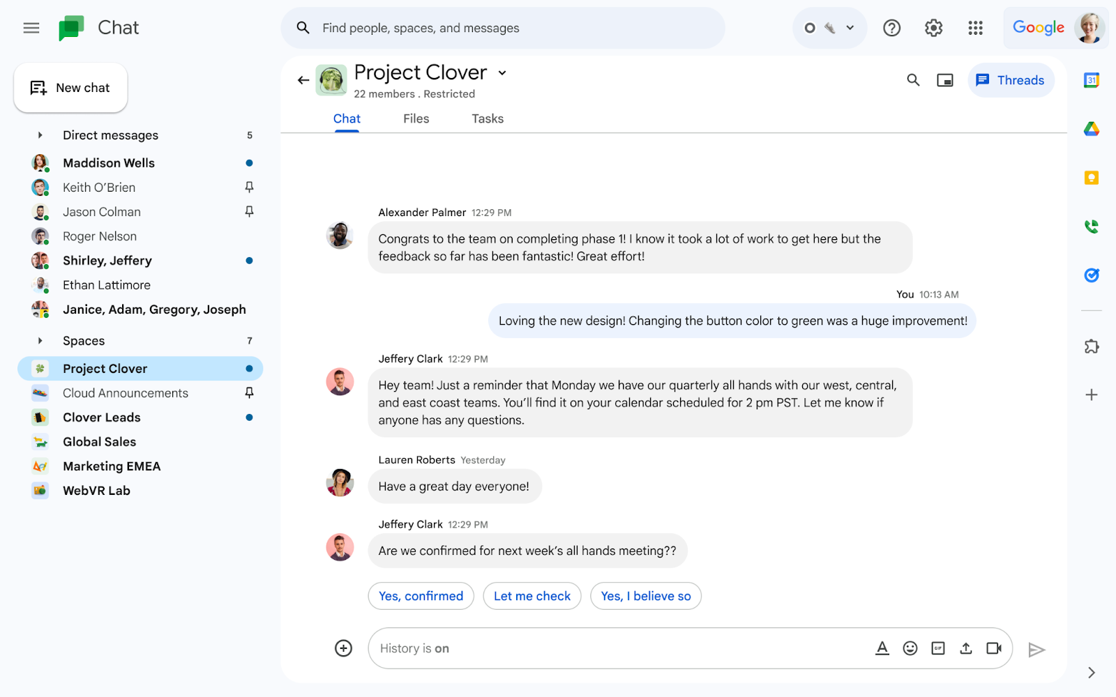 Smart replies expand to group messages and spaces on Google Chat on web