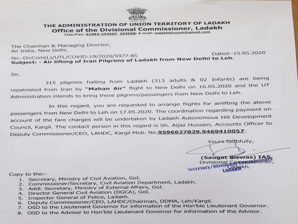 Divisional Commissioner Ladakh writes to Air India for bringing pilgrims from Delhi to Leh