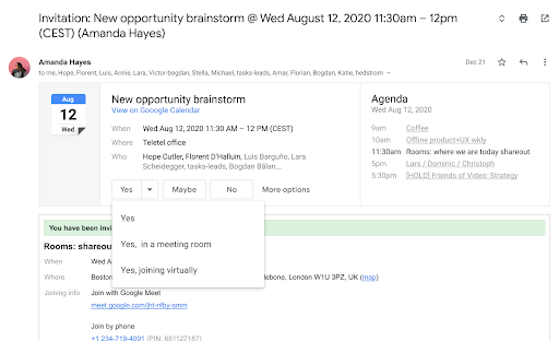 New RSVP options in Gmail let you indicate how you plan to join meeting