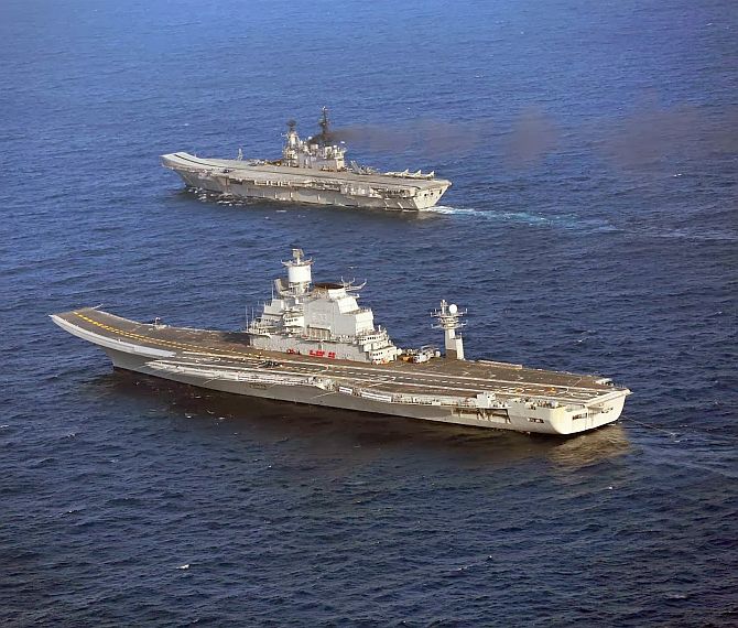 Navy Chief reviews combat readiness; addresses combatants through broadcast from INS Vikramaditya