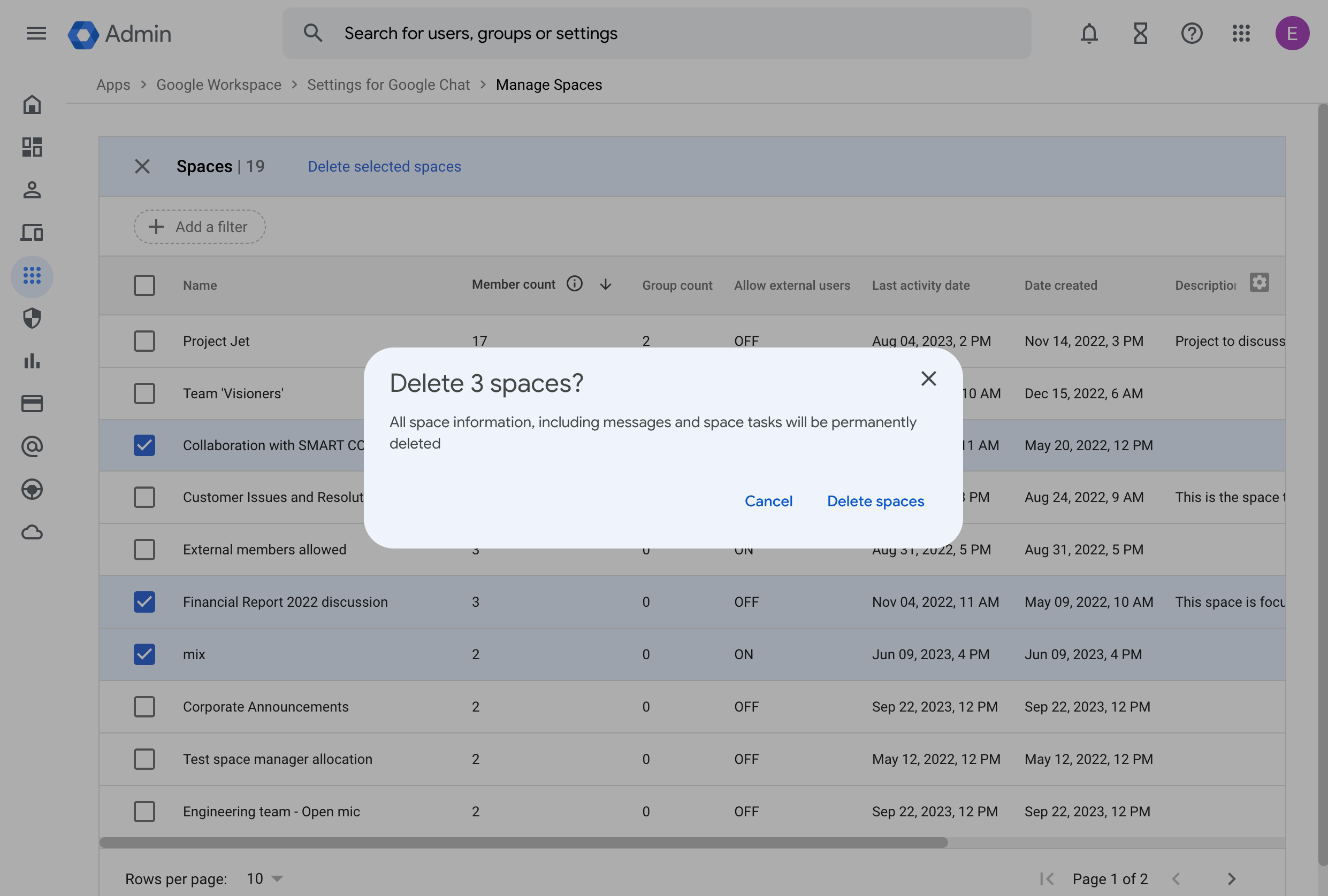 Delete multiple Google Chat spaces using space management tool