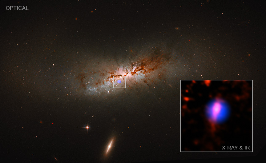 NASA telescopes see a smaller galaxy potentially delivering large black hole to another galaxy
