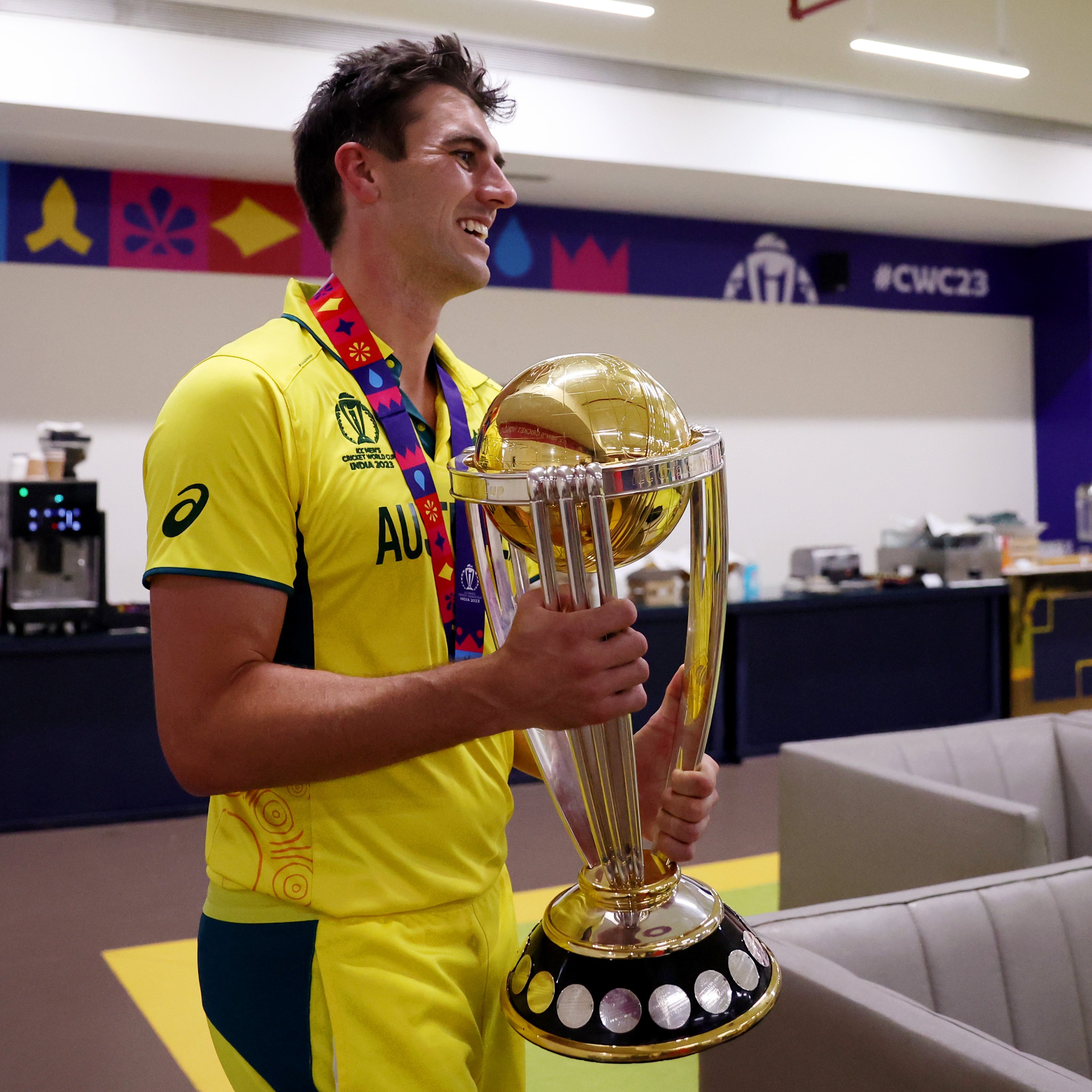 Pat Cummins poses with World Cup trophy on Sabarmati river cruise