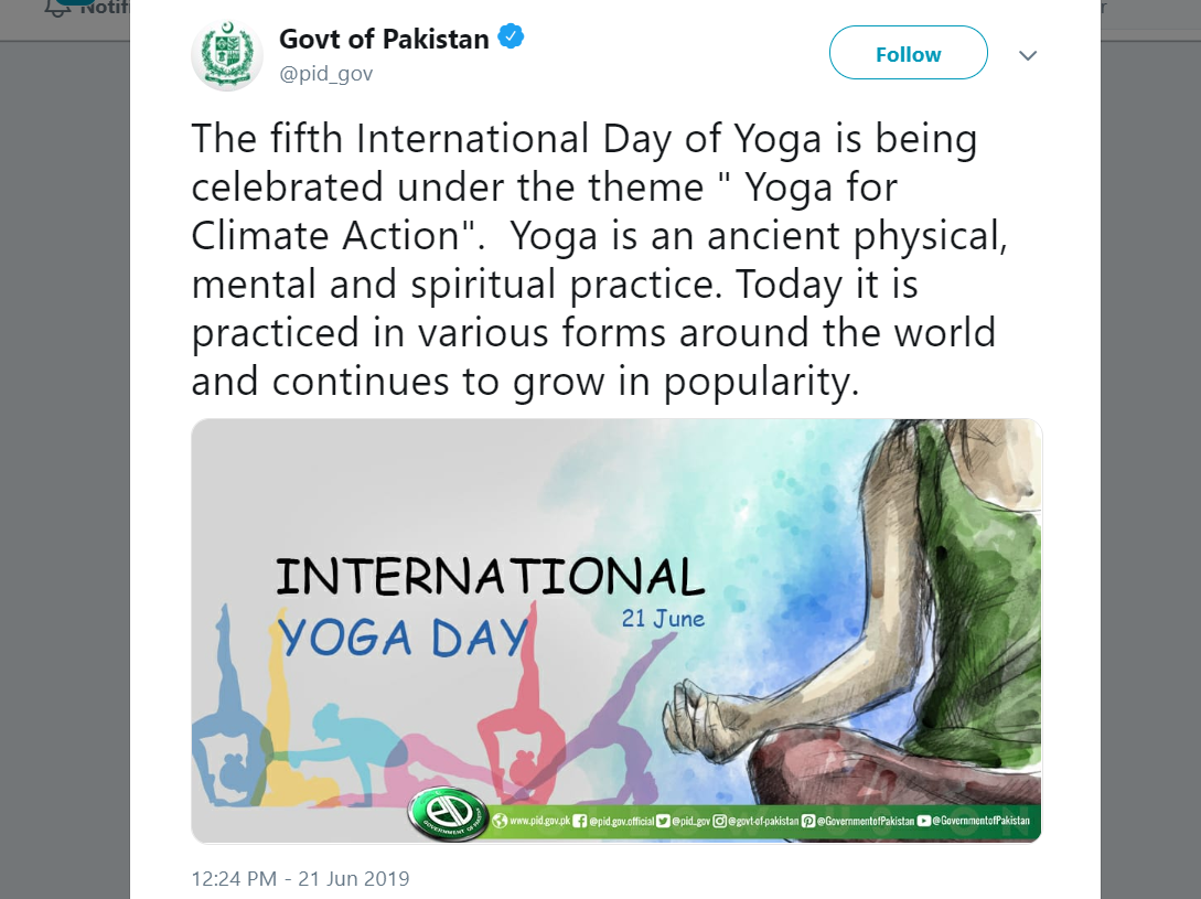 Pakistan govt deletes Yoga Day tweet as hashtag logo resembles Indian flag