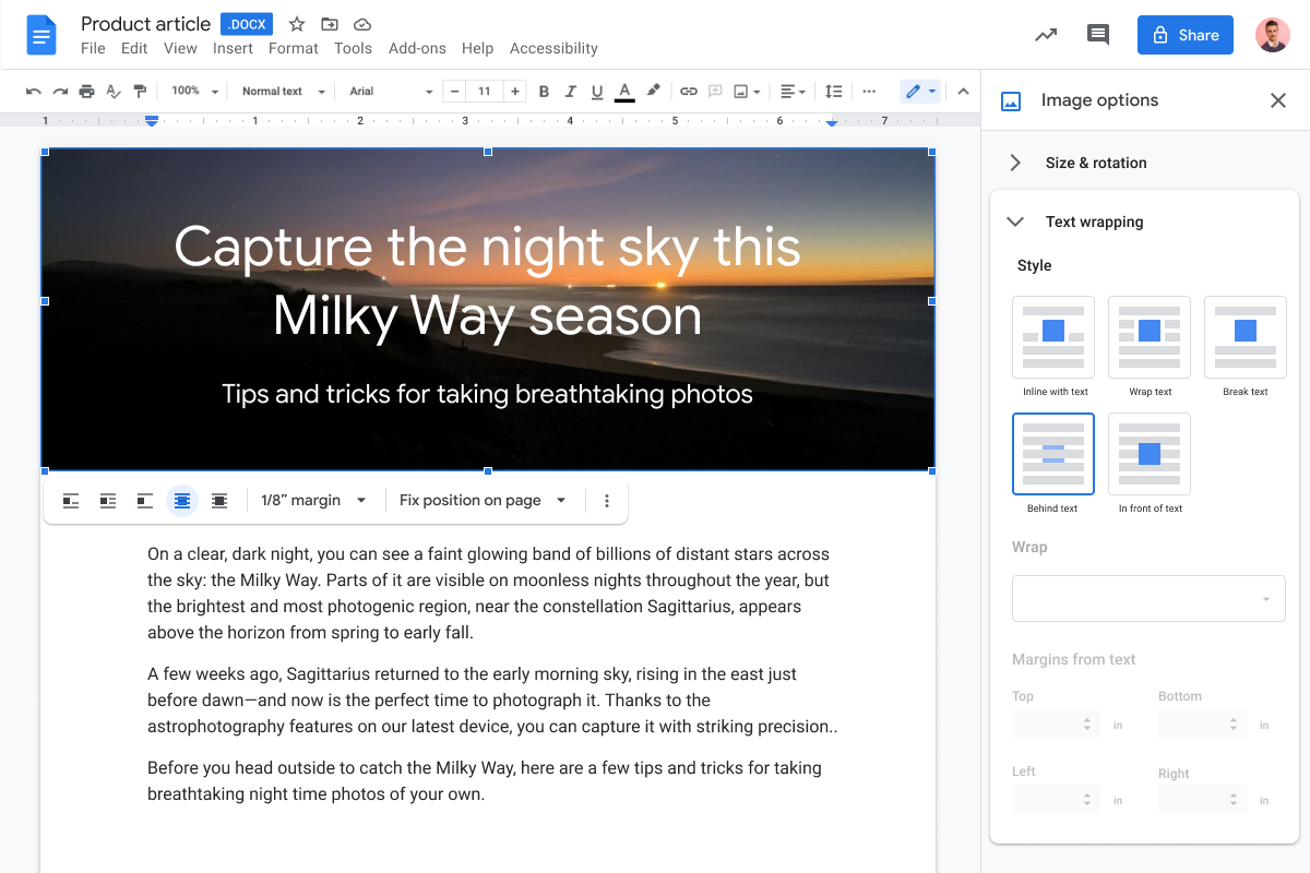 New image positioning/layout options added in Google Docs