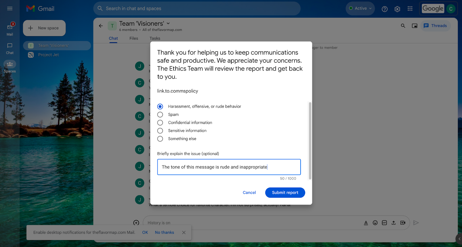 You can now report inappropriate messages in Google Chat