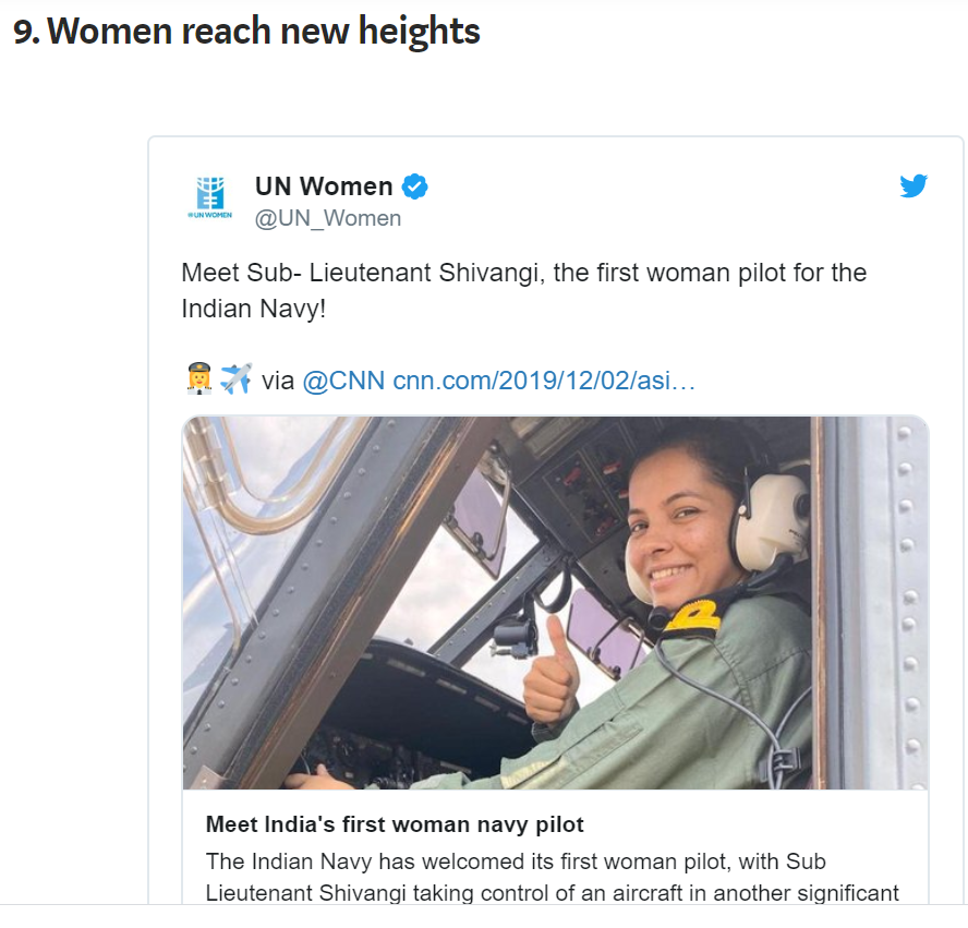 UN Women lists Indian Navy’s first woman pilot among top 10 events of Gender Equality in 2019