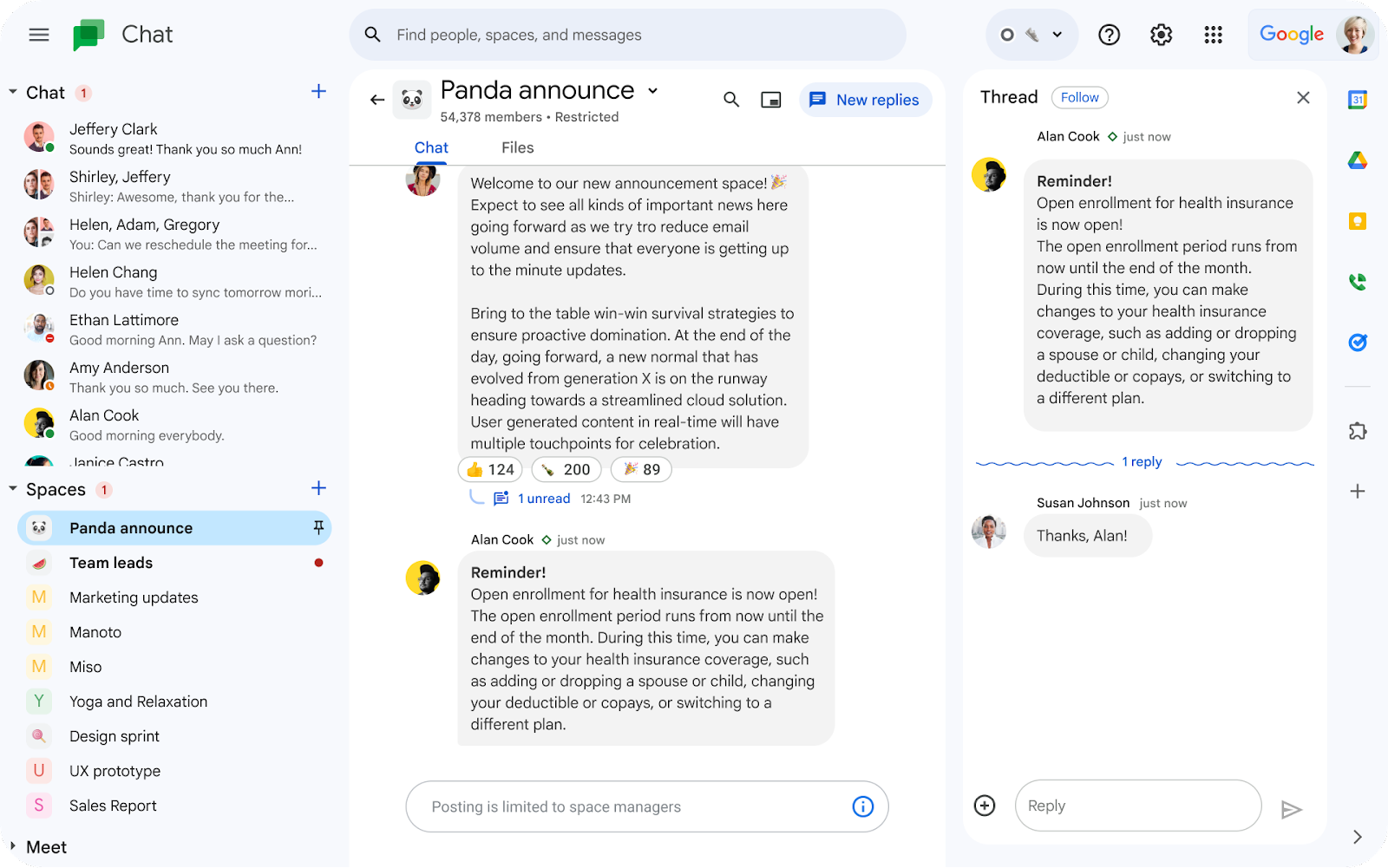 Google Chat introduces in-line reply feature within announcement spaces