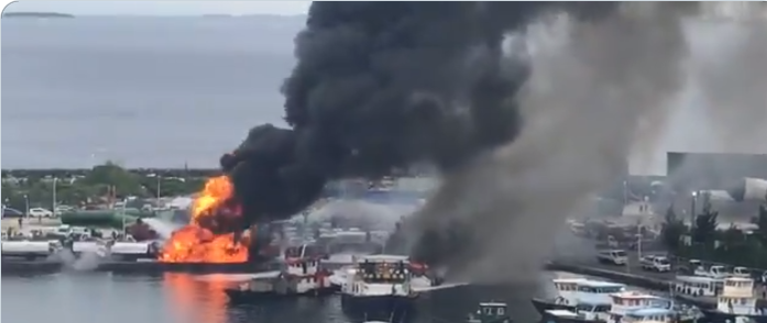 Watch: Massive fire breaks out at T-Jetty in Male, 9 hospitalized